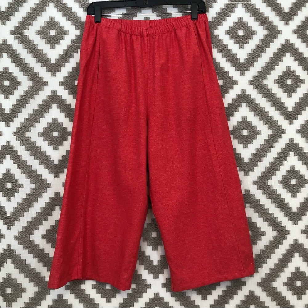 Khangura Coral Linen Cotton Wide Leg Capri Pants